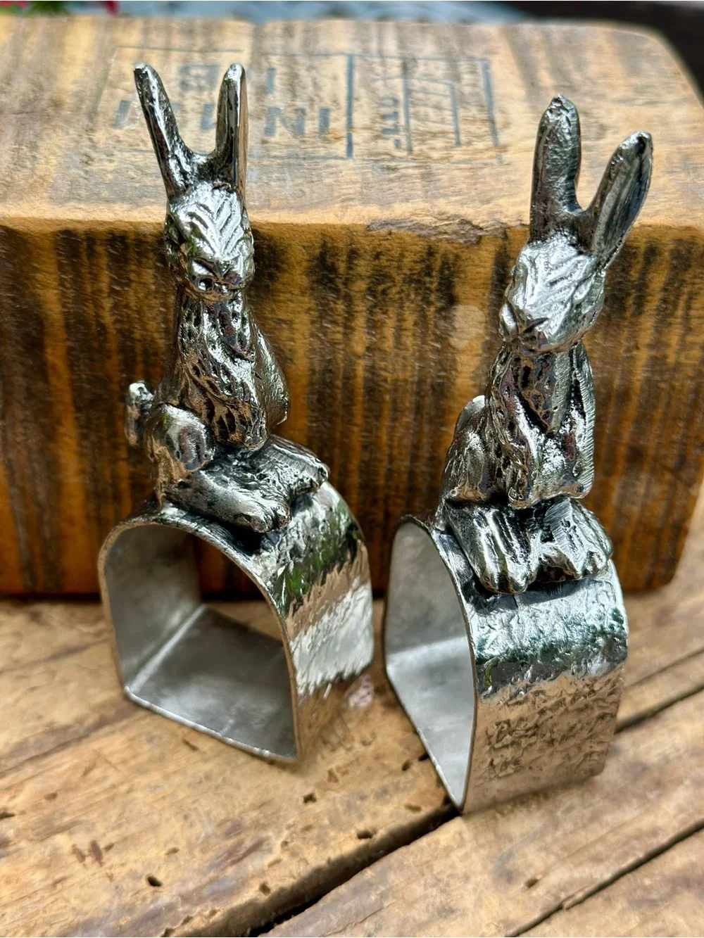 Set of 2 Silver Tone Bunny Napkin Rings Easter Spring Garden Party